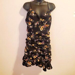 Storia Black Ruched Spaghetti strap Daisy mini Dress